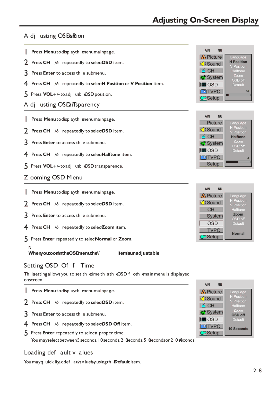 Audiovox FPE2305 manual Adjusting On-Screen Display, Adjusting OSD Position, Adjusting OSD Transparency, Zooming OSD Menu 