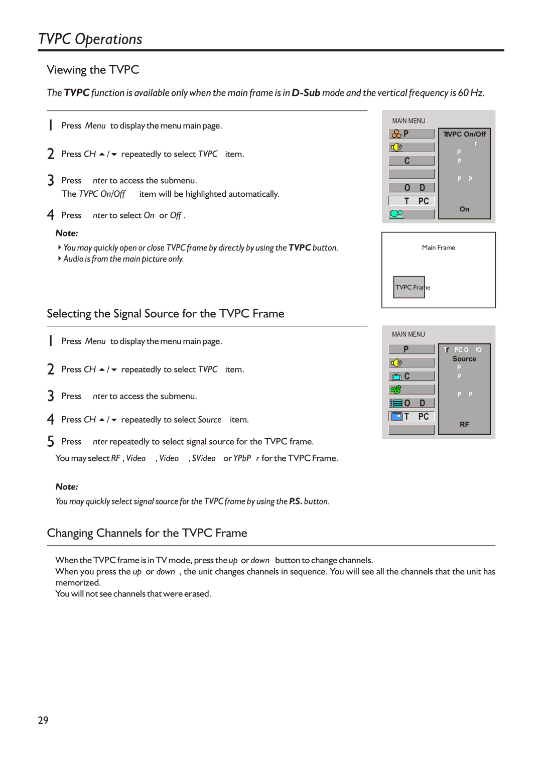 Audiovox FPE2305 manual Tvpc Operations, Viewing the Tvpc, Selecting the Signal Source for the Tvpc Frame 