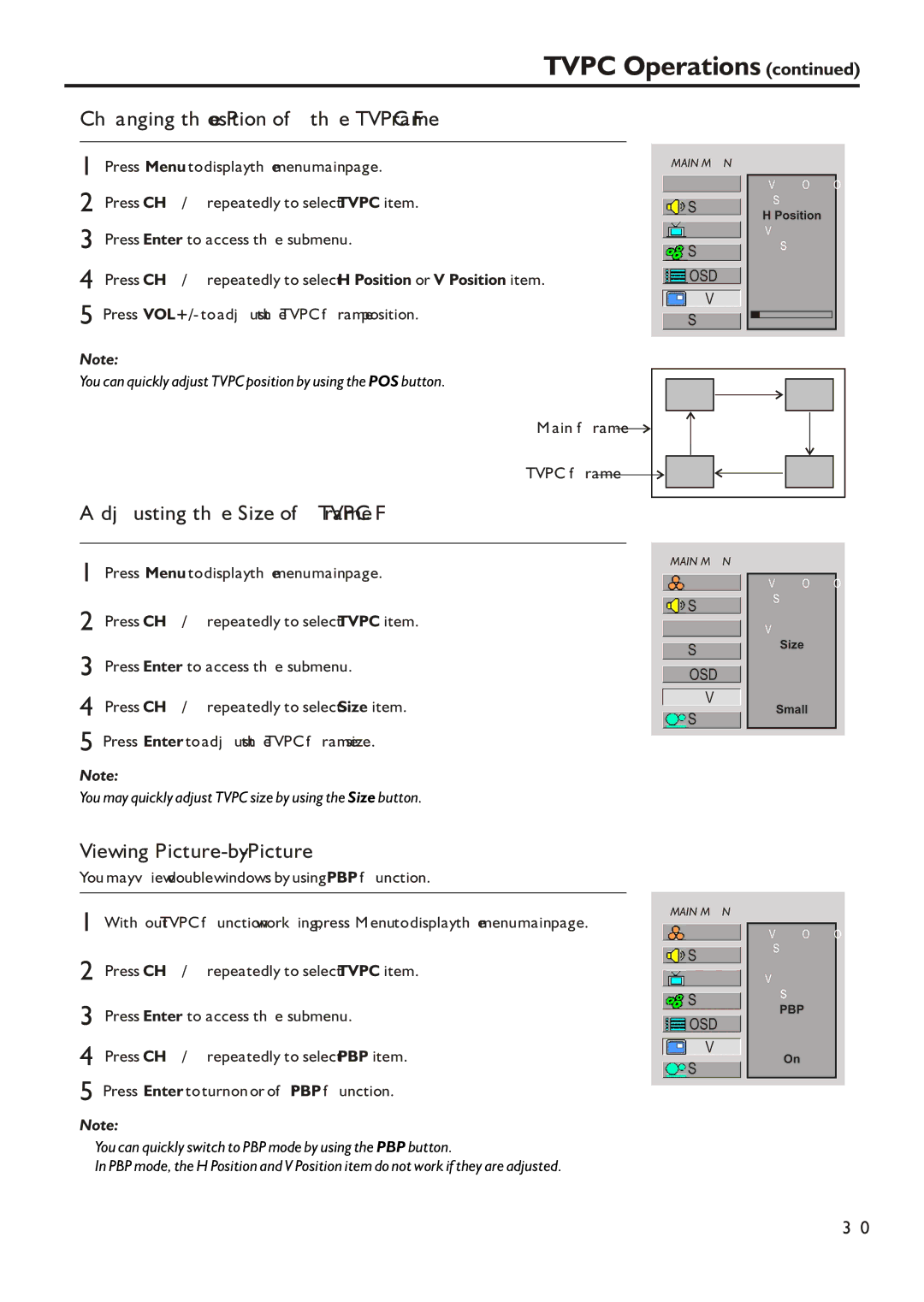 Audiovox FPE2305 Changing the Position of the Tvpc Frame, Adjusting the Size of Tvpc Frame, Viewing Picture-by-Picture 