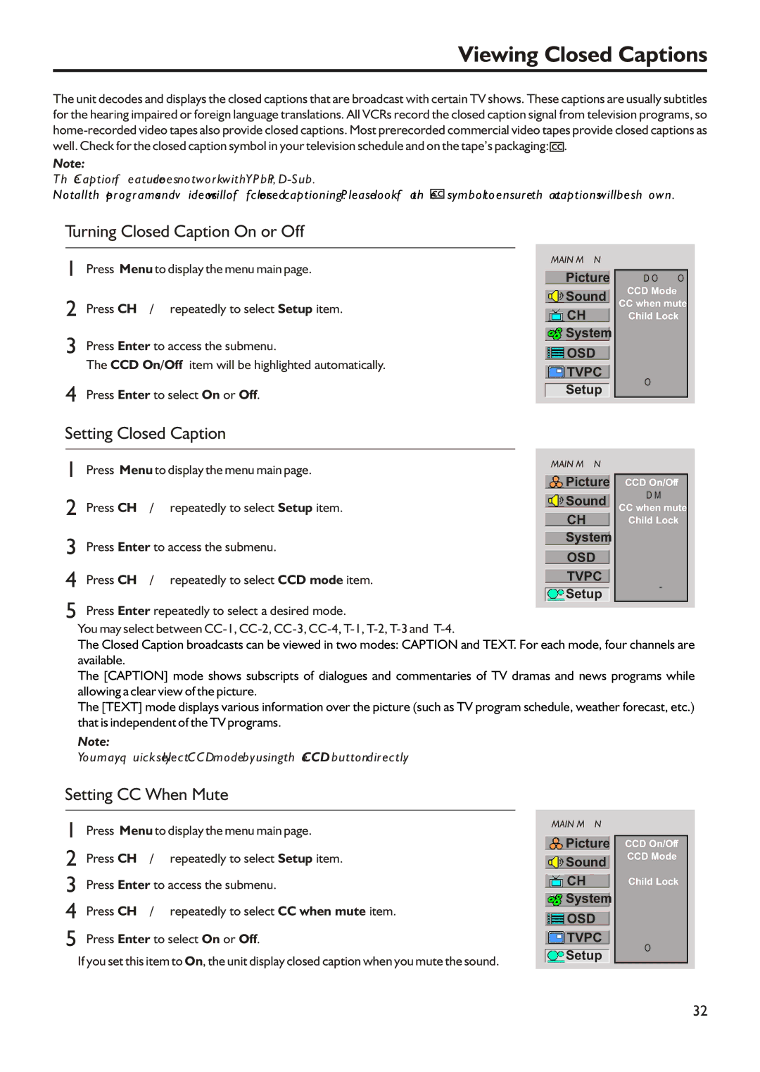 Audiovox FPE2305 Viewing Closed Captions, Turning Closed Caption On or Off, Setting Closed Caption, Setting CC When Mute 