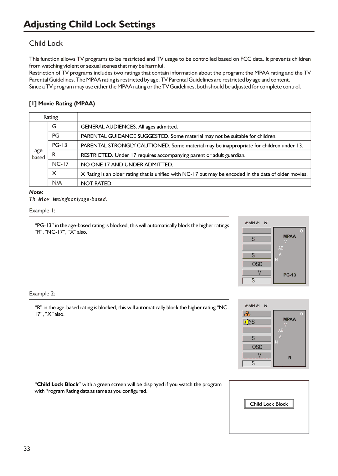 Audiovox FPE2305 manual Adjusting Child Lock Settings, Movie Rating Mpaa 