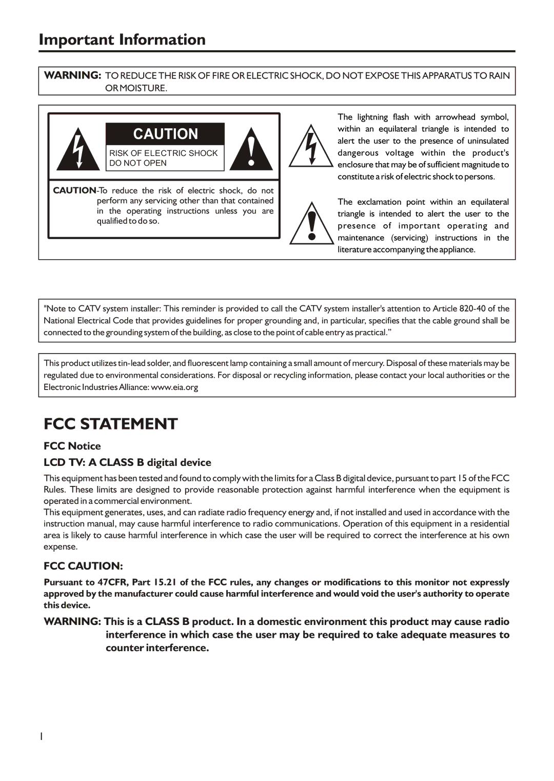 Audiovox FPE2305 manual Important Information, FCC Notice LCD TV a Class B digital device 