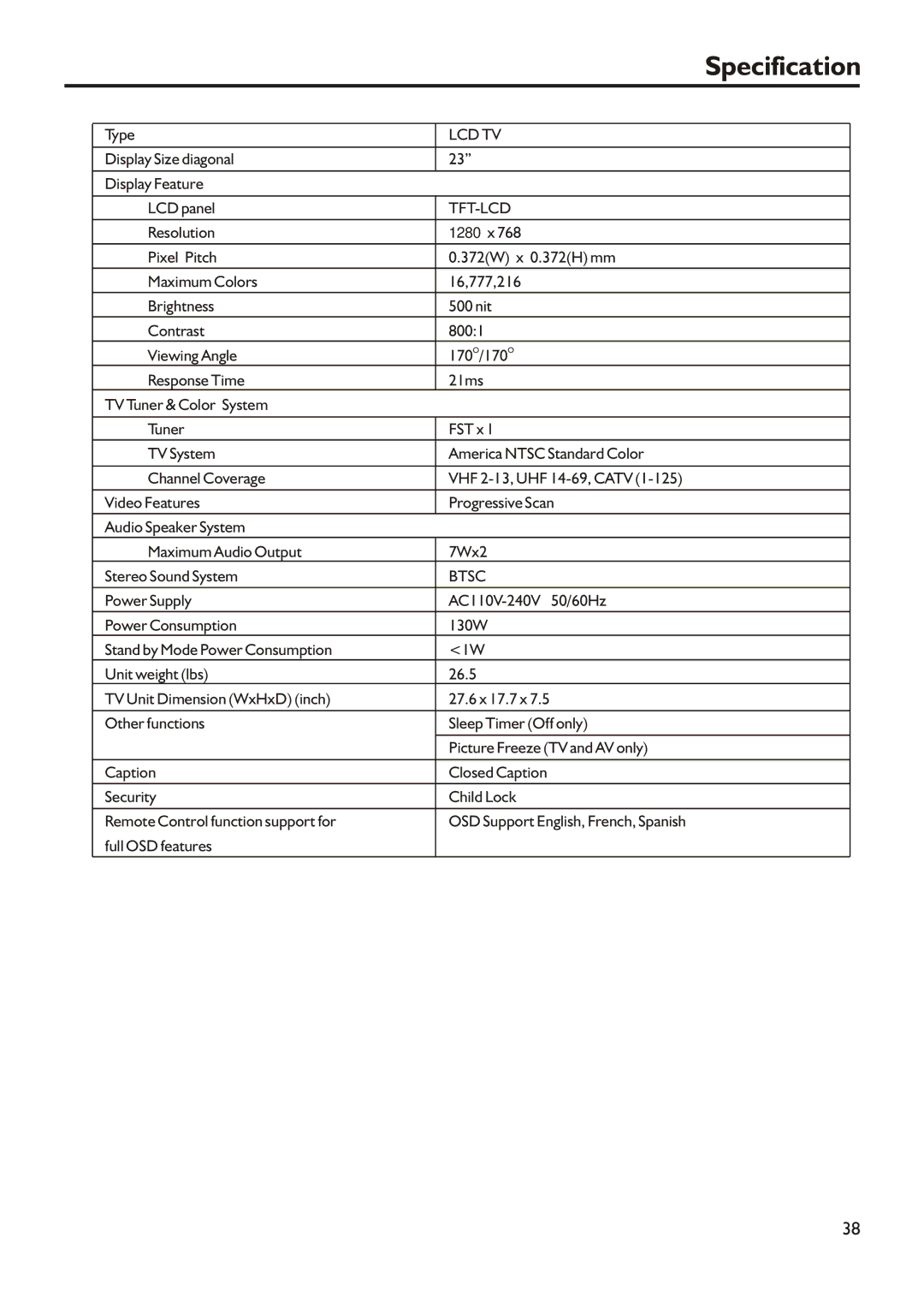 Audiovox FPE2305 manual Specification, Type, Display Size diagonal Display Feature LCD panel 