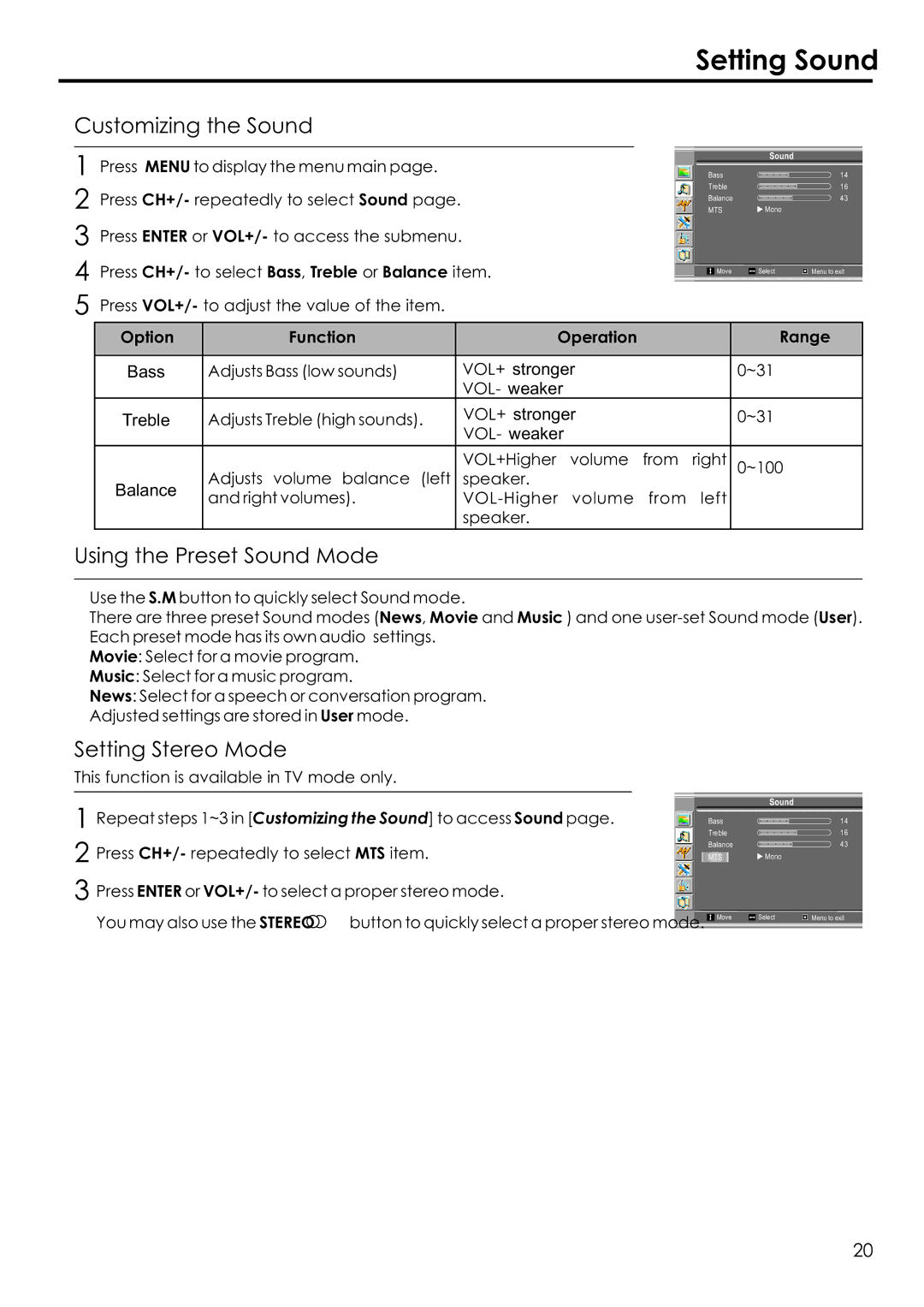 Audiovox FPE2306 manual Setting Sound, Customizing the Sound, Using the Preset Sound Mode, Setting Stereo Mode 