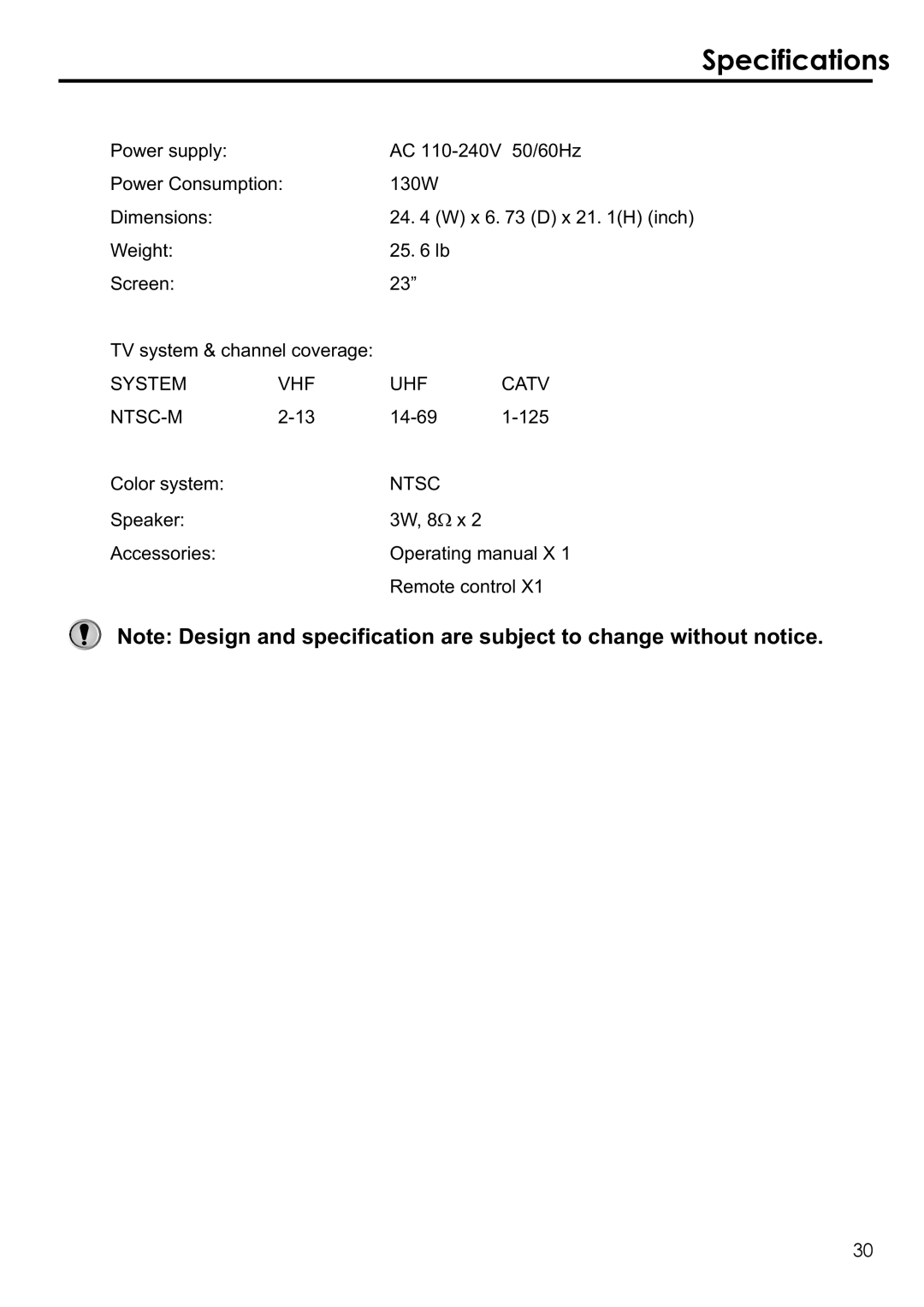 Audiovox FPE2306 manual Specifications, Ntsc 