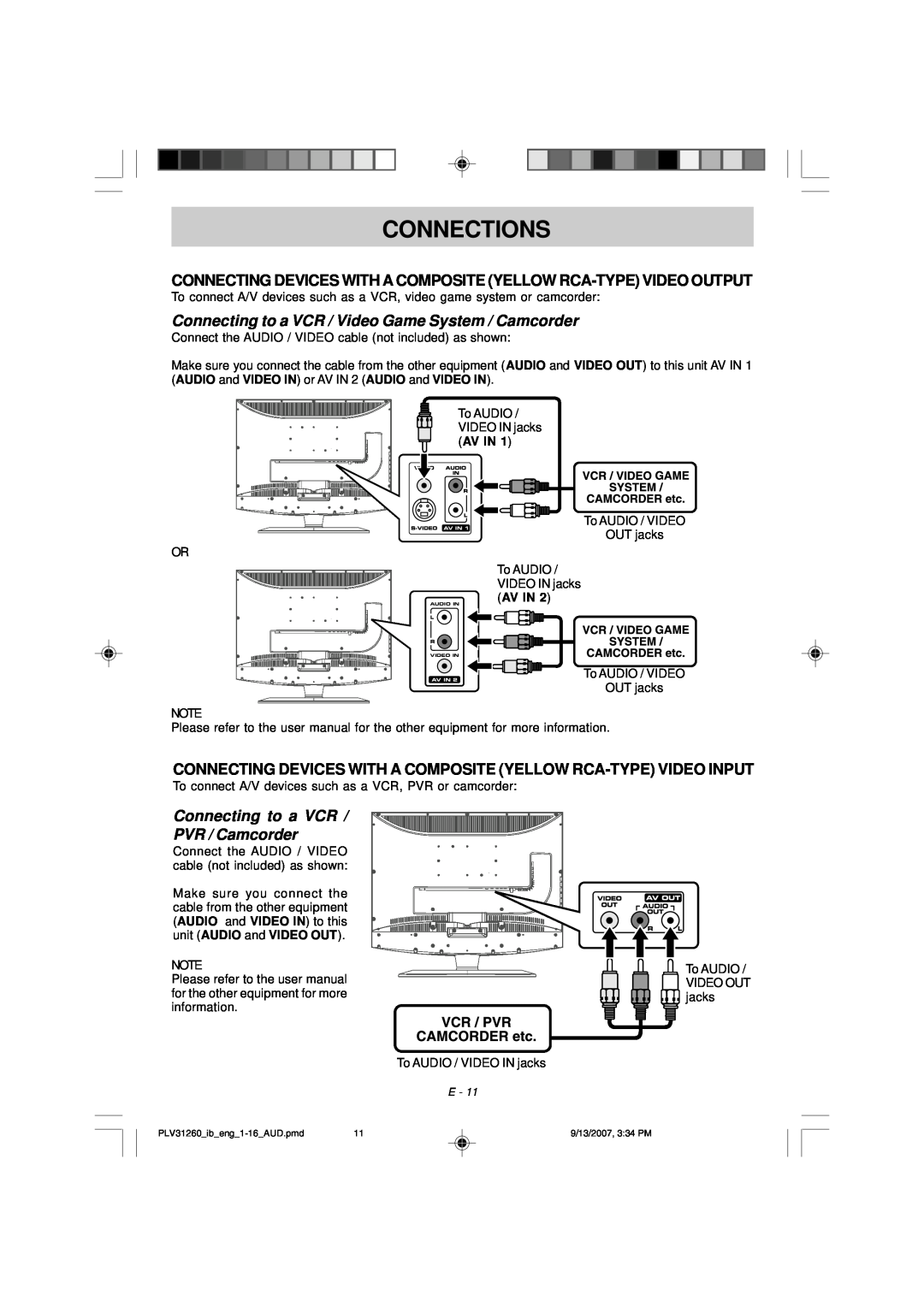 Audiovox FPE2607DV Connecting Devices With A Composite Yellow Rca-Type Video Output, Connecting to a VCR PVR / Camcorder 