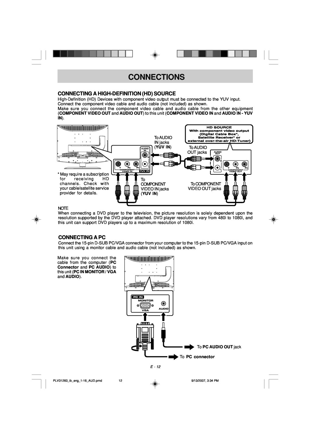 Audiovox FPE2607DV owner manual Connecting A High-Definition Hd Source, Connecting A Pc, Connections 