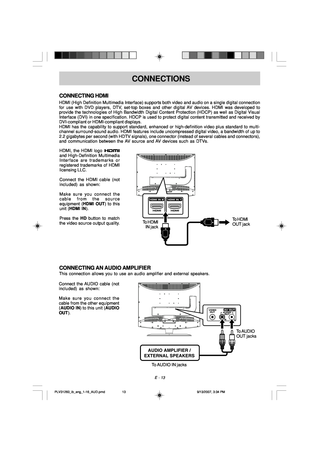 Audiovox FPE2607DV owner manual Connecting Hdmi, Connecting An Audio Amplifier, Connections 