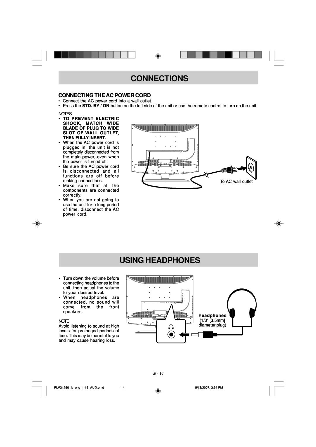 Audiovox FPE2607DV Using Headphones, Connecting The Ac Power Cord, Connections, To Prevent Electric Shock, Match Wide 