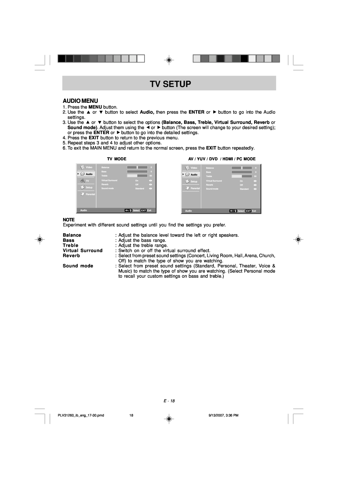 Audiovox FPE2607DV owner manual Audio Menu, Tv Setup, Balance, Bass, Treble, Virtual Surround, Reverb, Sound mode 