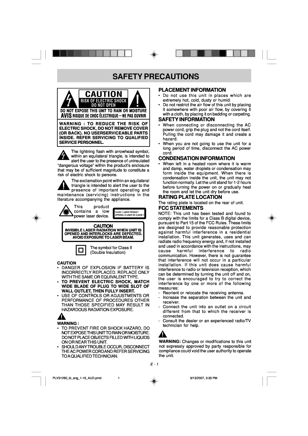 Audiovox FPE2607DV Safety Precautions, Placement Information, Safety Information, Condensation Information, Fcc Statements 