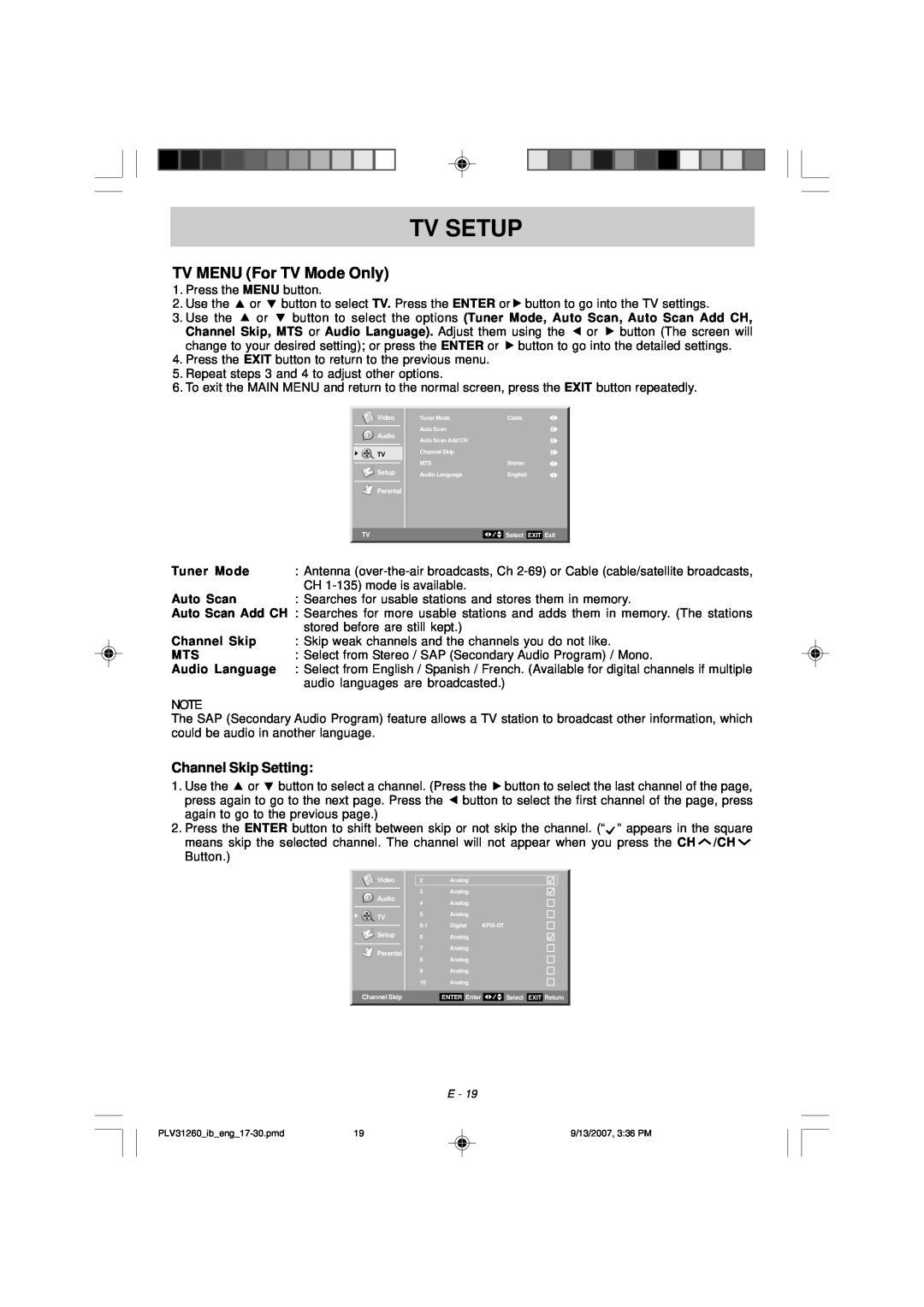 Audiovox FPE2607DV owner manual TV MENU For TV Mode Only, Tv Setup, Tuner Mode, CH 1-135 mode is available, Auto Scan 