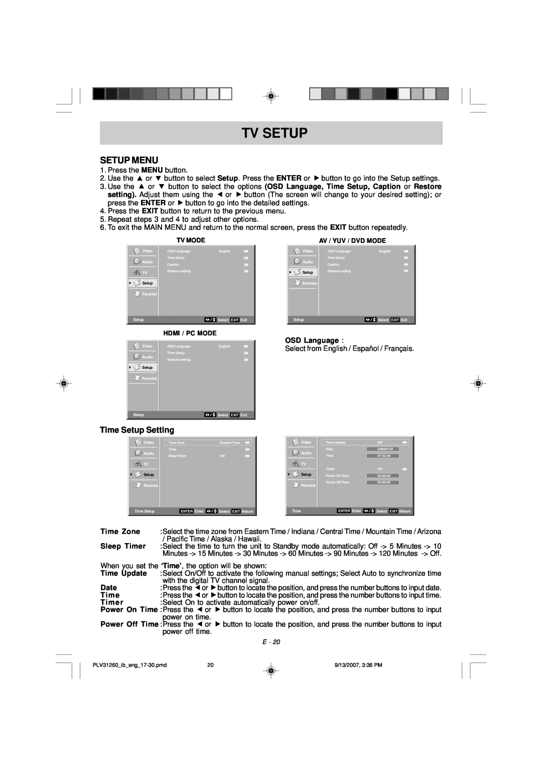 Audiovox FPE2607DV owner manual Setup Menu, Tv Setup, Time Setup Setting 