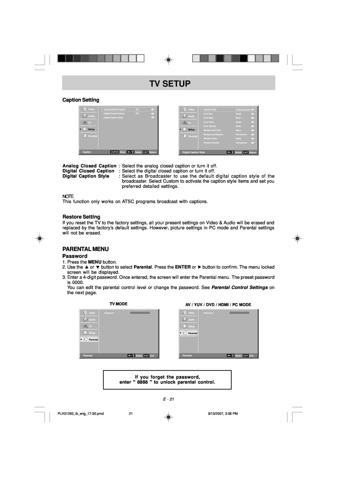 Audiovox FPE2607DV owner manual Parental Menu, Tv Setup, Caption Setting, Restore Setting, Password 