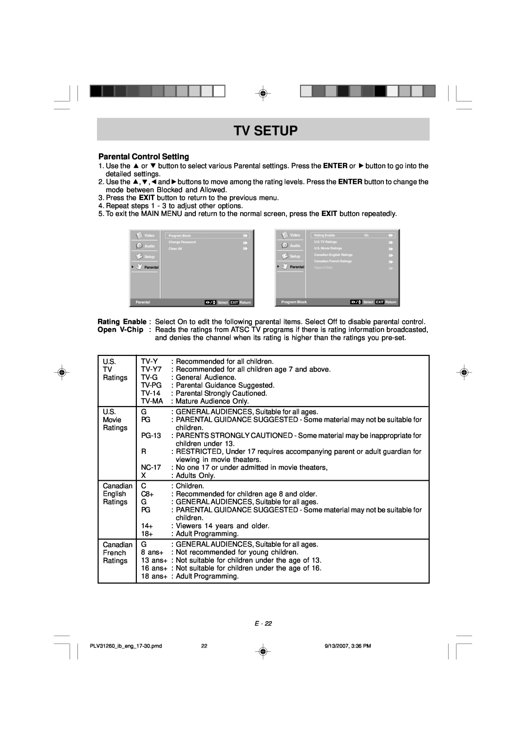 Audiovox FPE2607DV owner manual Tv Setup, Parental Control Setting, Open V-Chip 