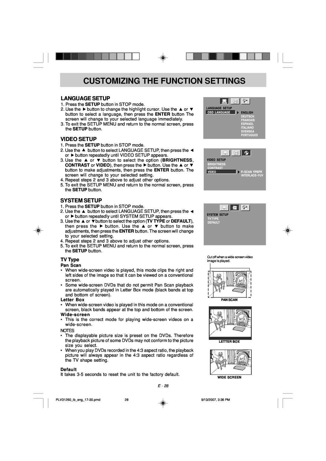 Audiovox FPE2607DV owner manual Customizing The Function Settings, Language Setup, Video Setup, System Setup 