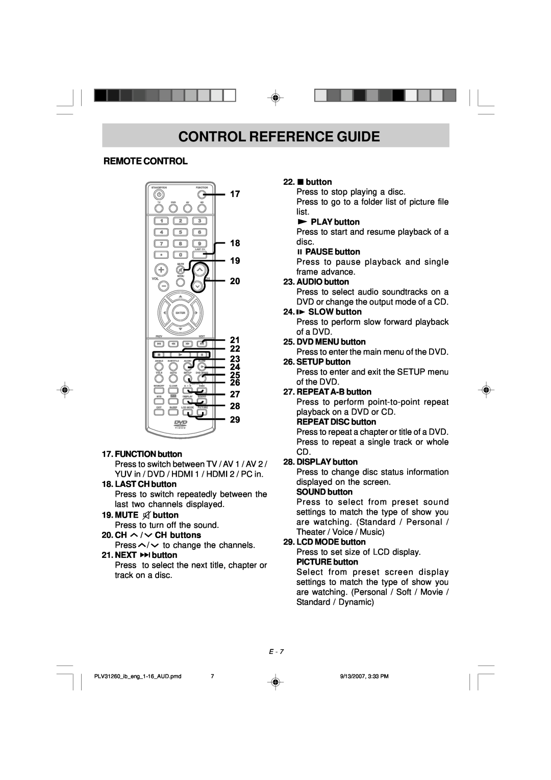 Audiovox FPE2607DV owner manual Control Reference Guide, Remote Control, button 