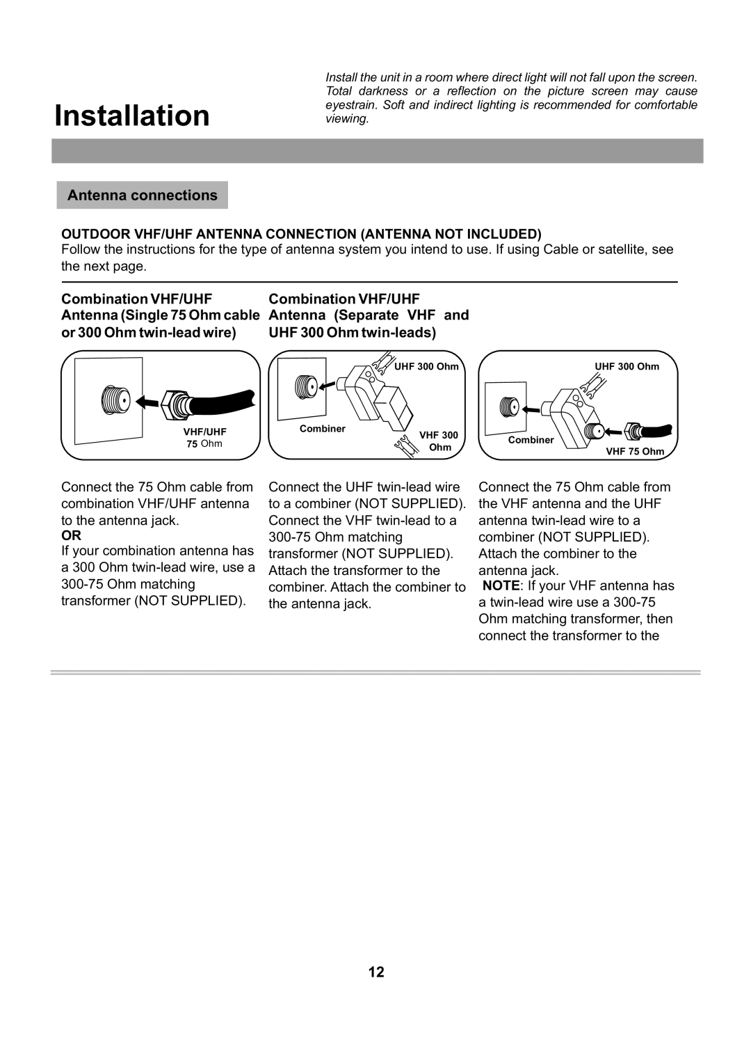 Audiovox FPE2705 operating instructions Installation, Antenna connections 