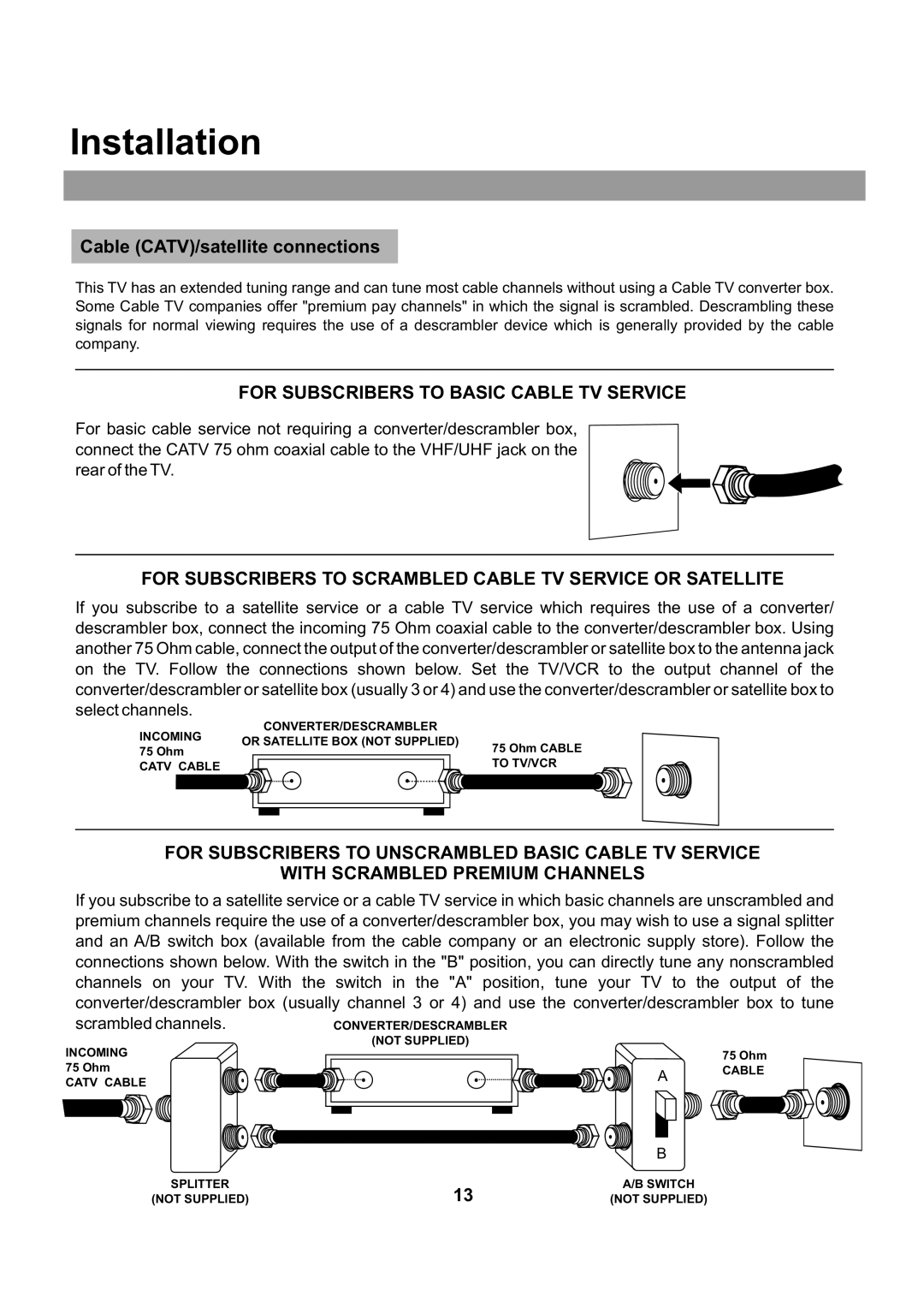 Audiovox FPE2705 operating instructions Cable CATV/satellite connections, For Subscribers to Basic Cable TV Service 