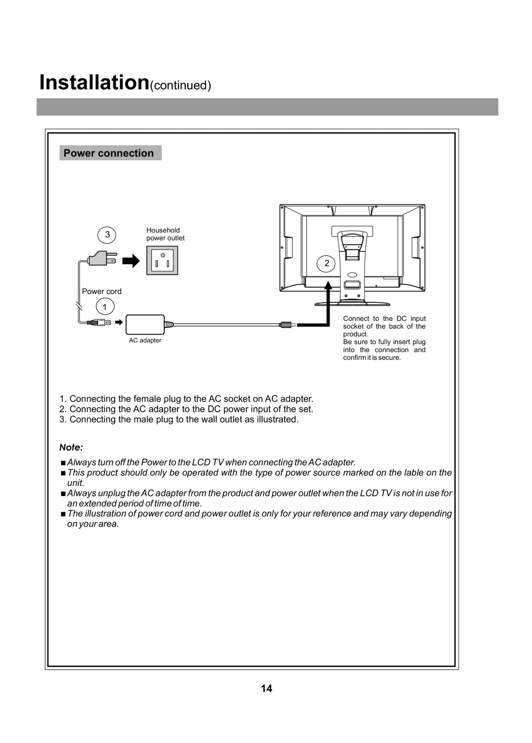 Audiovox FPE2705 operating instructions Power connection, Power cord 