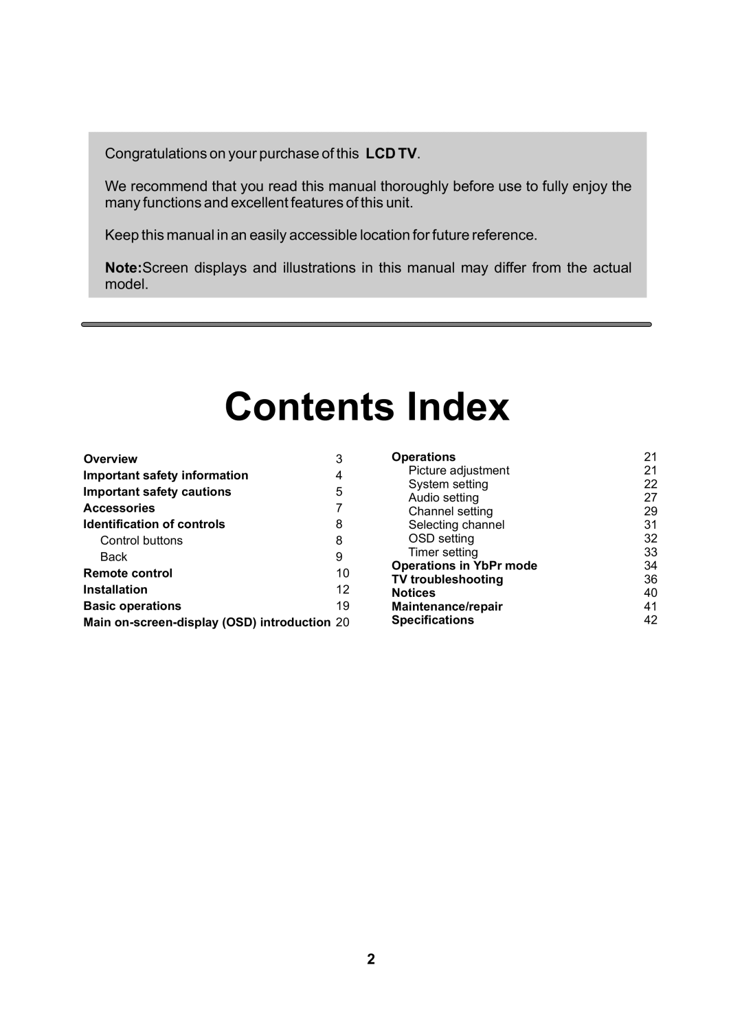 Audiovox FPE2705 operating instructions Contents Index 