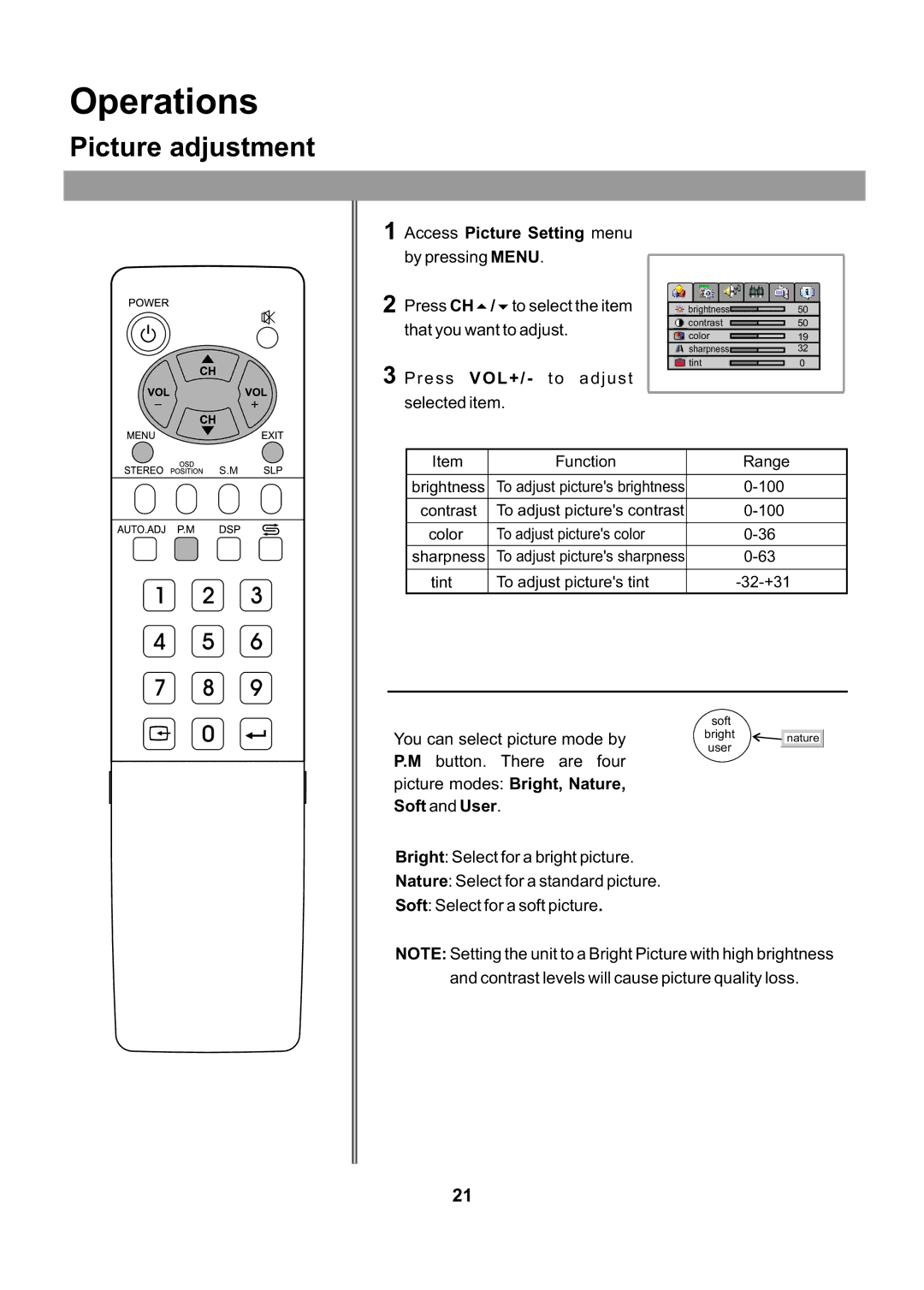 Audiovox FPE2705 operating instructions Operations, Picture adjustment 