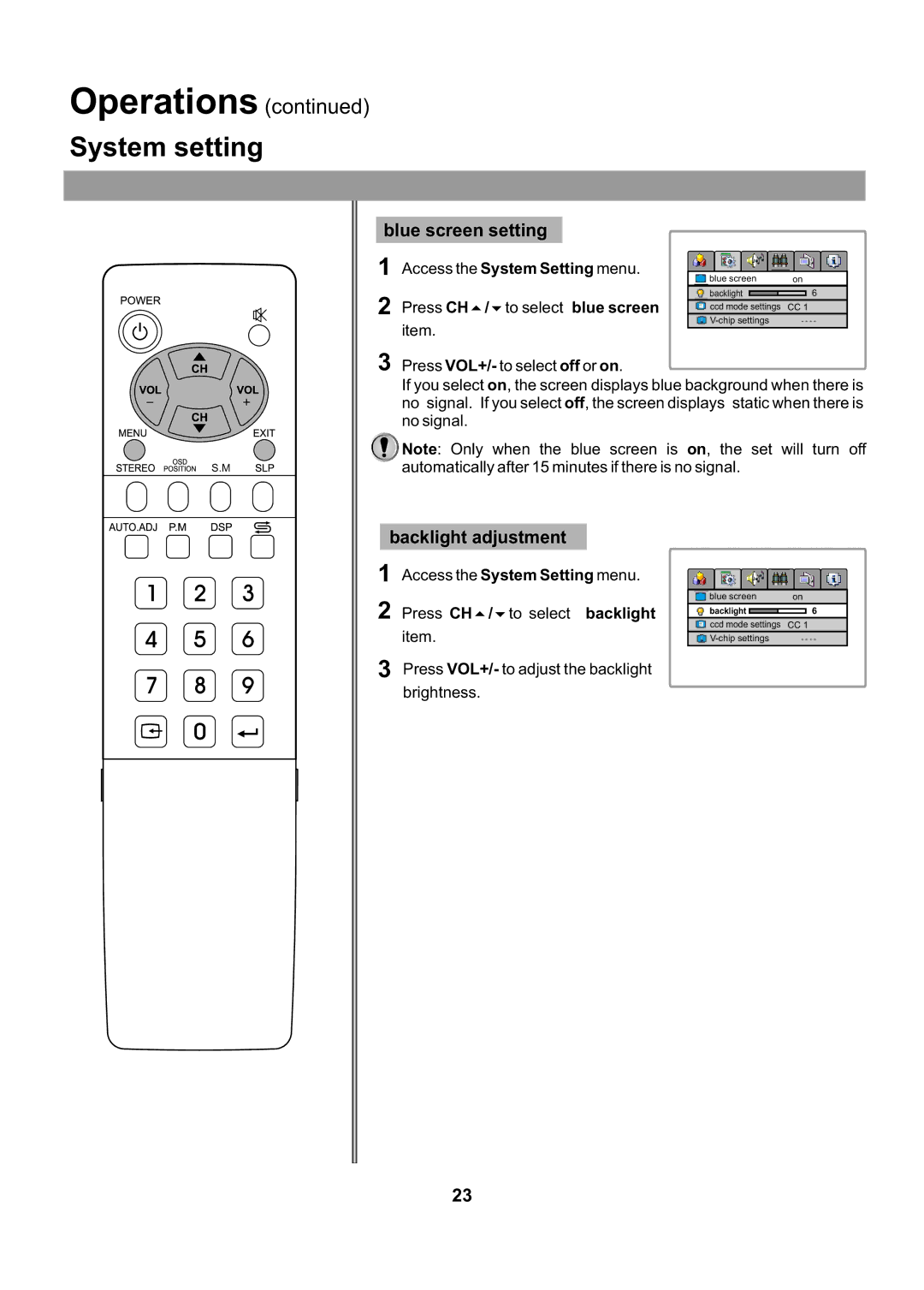 Audiovox FPE2705 operating instructions System setting, Blue screen setting, Backlight adjustment 