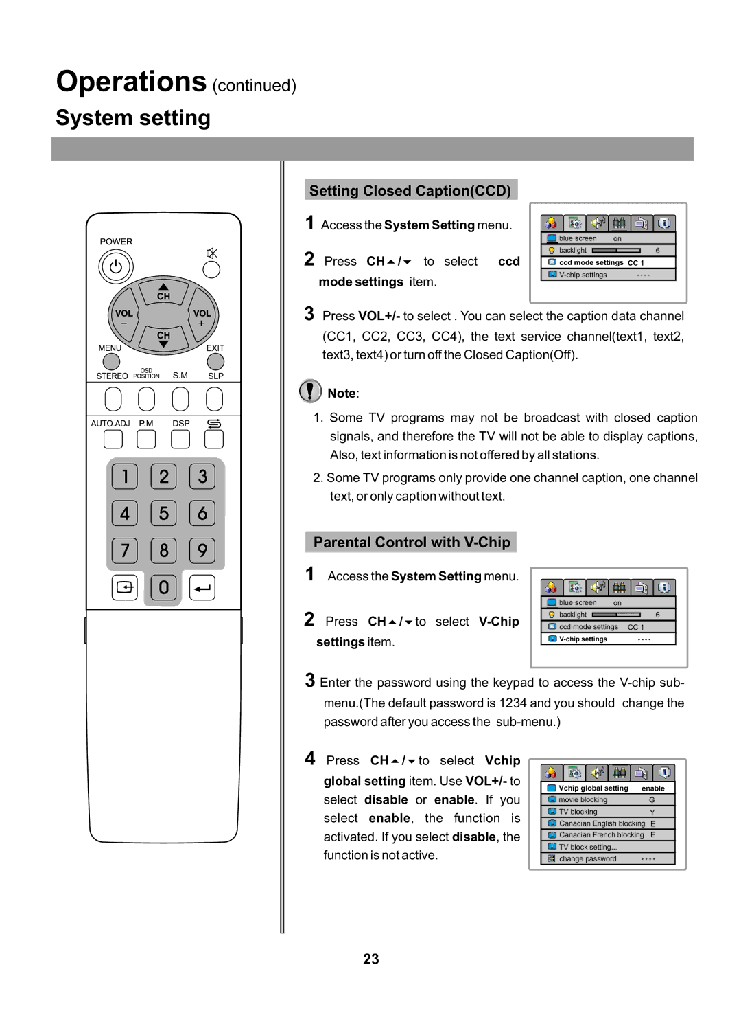 Audiovox FPE2705 operating instructions Setting Closed CaptionCCD, Parental Control with V-Chip, Settings item 