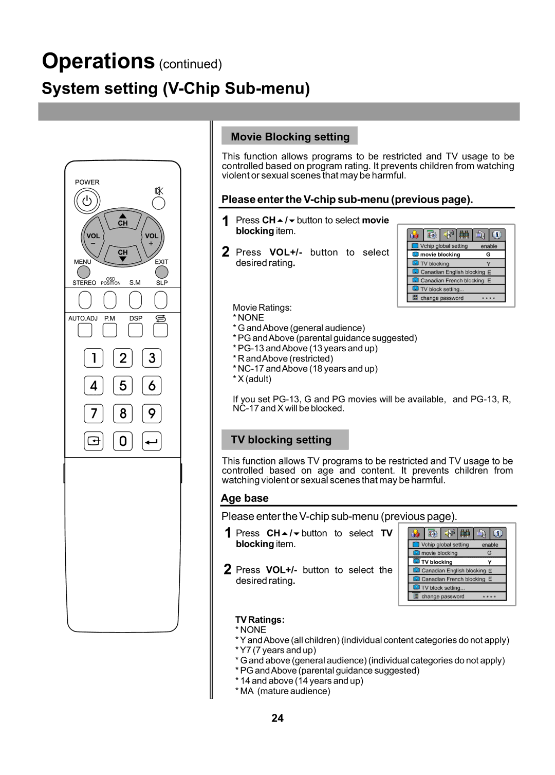 Audiovox FPE2705 System setting V-Chip Sub-menu, Movie Blocking setting, Please enter the V-chip sub-menu previous 