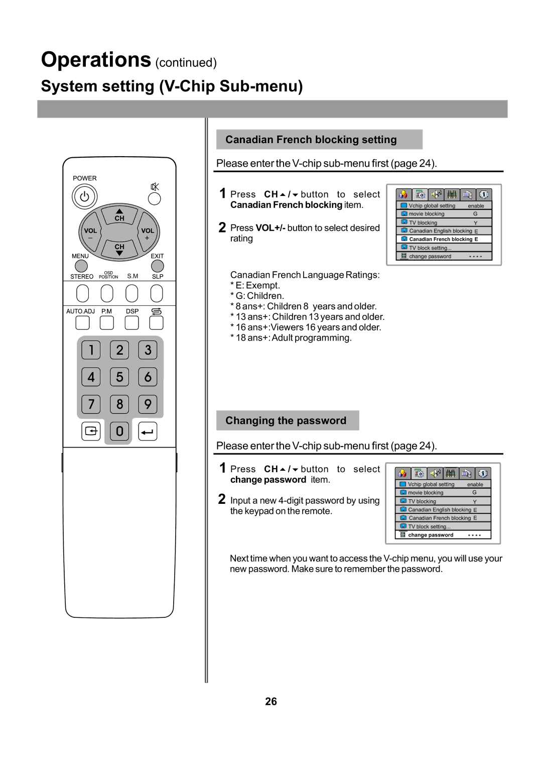 Audiovox FPE2705 operating instructions Canadian French blocking setting, Changing the password 