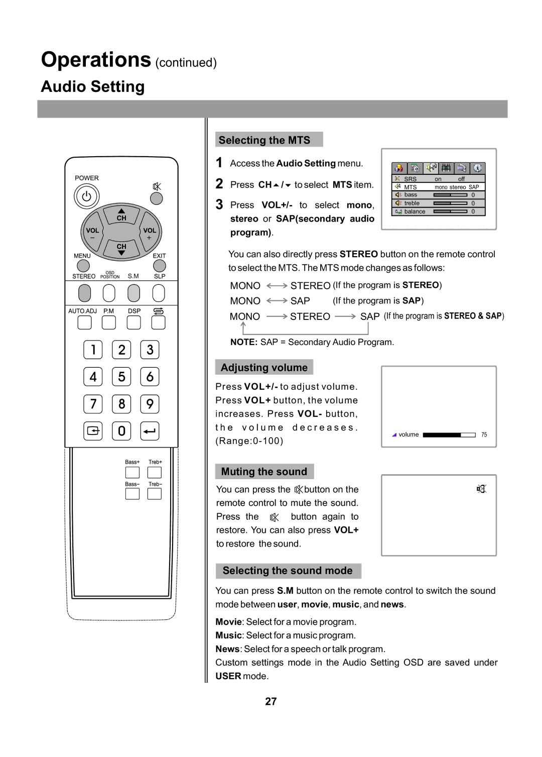 Audiovox FPE2705 Audio Setting, Selecting the MTS, Adjusting volume, Muting the sound, Selecting the sound mode 