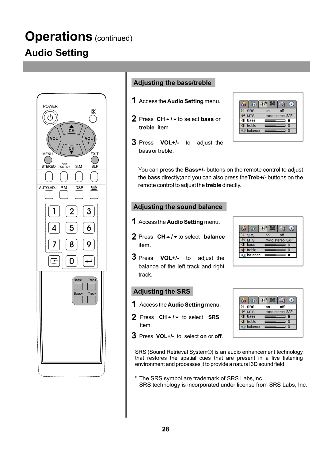 Audiovox FPE2705 Adjusting the bass/treble, Adjusting the sound balance, Adjusting the SRS, Treble item 