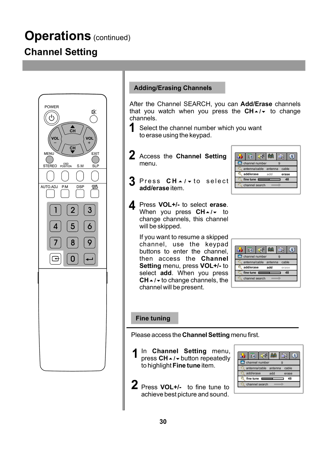 Audiovox FPE2705 operating instructions Adding/Erasing Channels, Access the Channel Setting, Fine tuning 