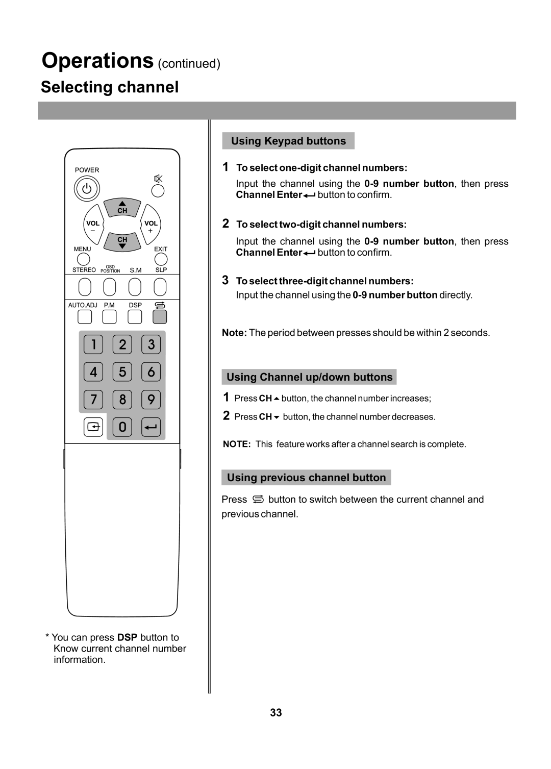 Audiovox FPE2705 Selecting channel, Using Keypad buttons, Using Channel up/down buttons, Using previous channel button 