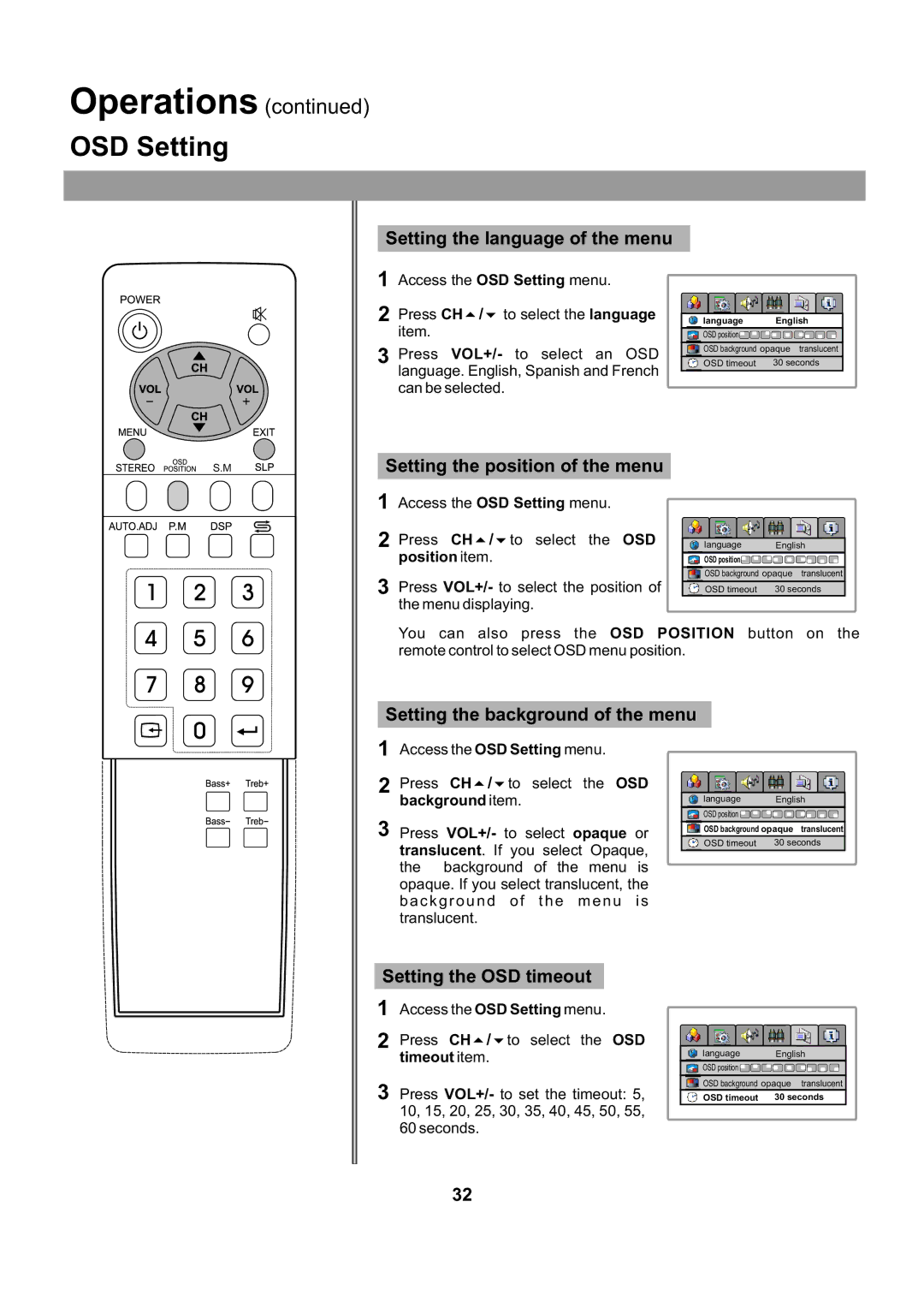 Audiovox FPE2705 OSD Setting, Setting the language of the menu, Setting the position of the menu, Setting the OSD timeout 