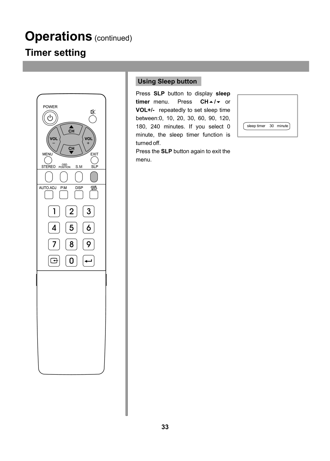 Audiovox FPE2705 operating instructions Timer setting, Using Sleep button 