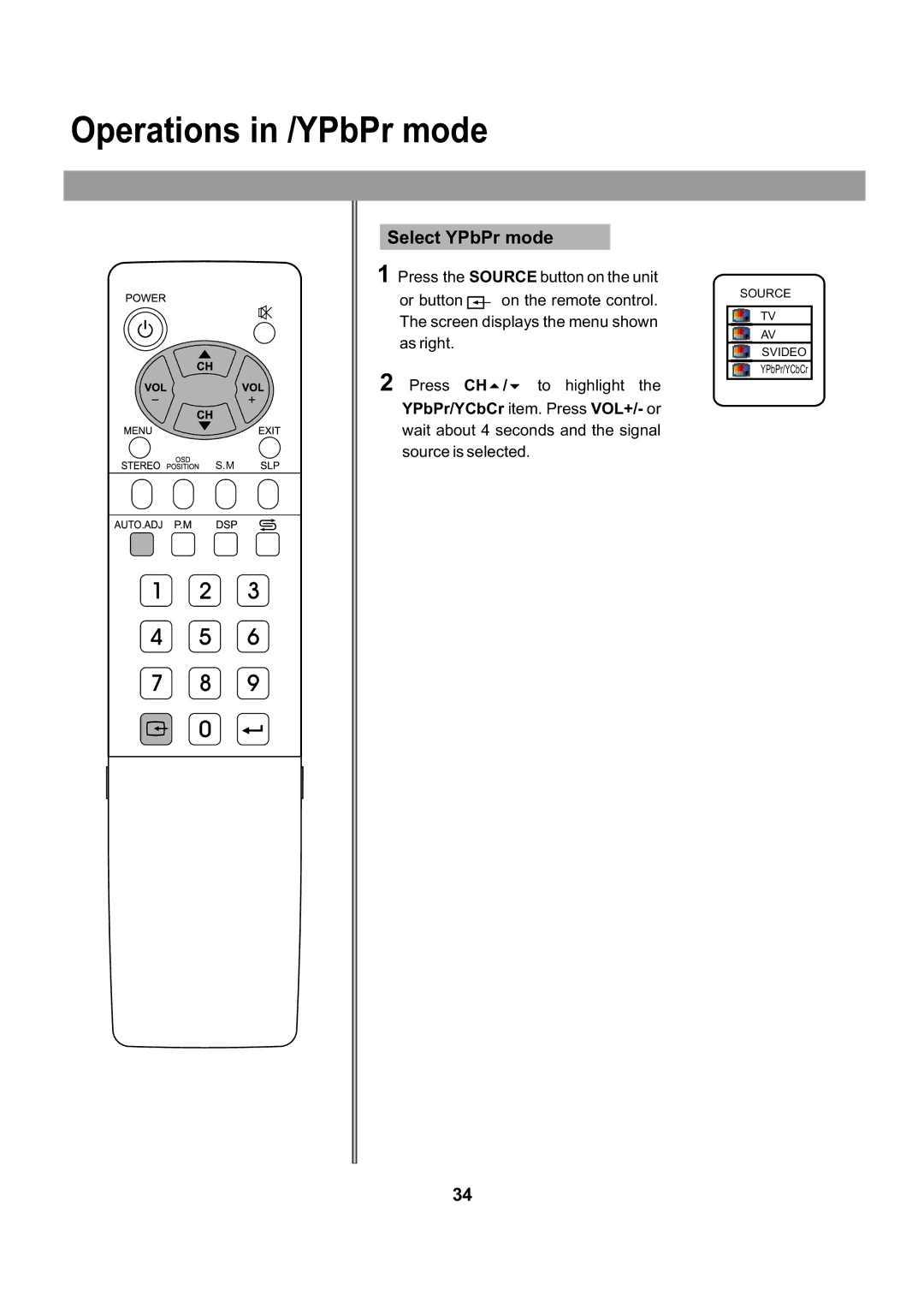 Audiovox FPE2705 operating instructions Operations in /YPbPr mode, Select YPbPr mode 