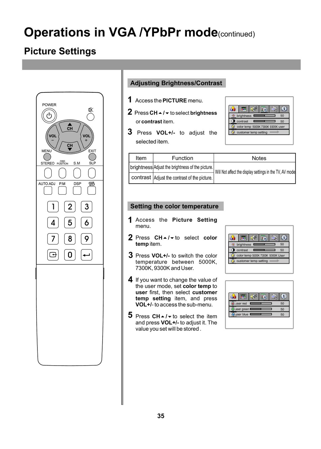 Audiovox FPE2705 operating instructions Operations in VGA /YPbPr mode, Picture Settings, Adjusting Brightness/Contrast 