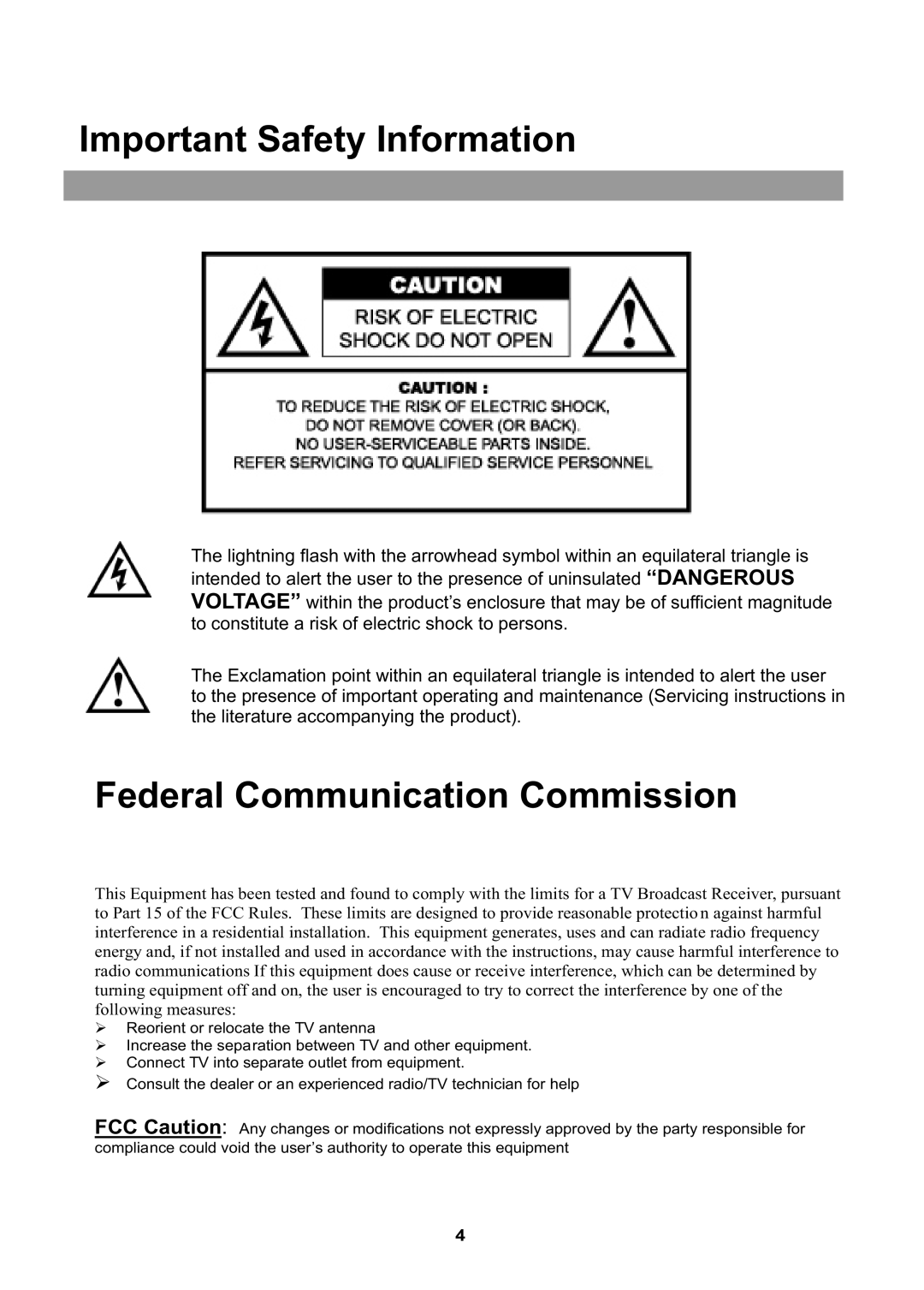 Audiovox FPE2705 operating instructions Important Safety Information, Federal Communication Commission 