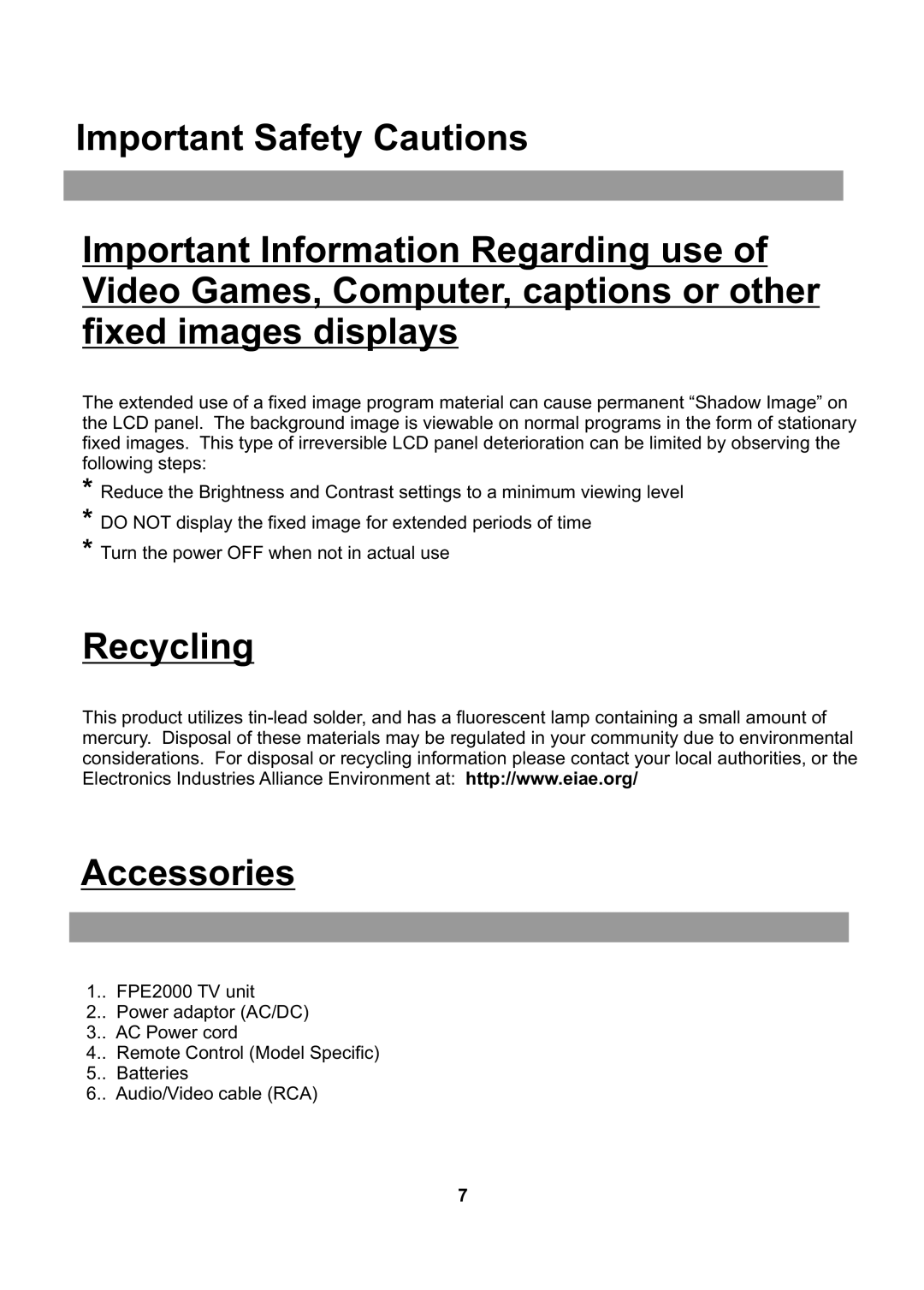 Audiovox FPE2705 operating instructions Recycling Accessories 