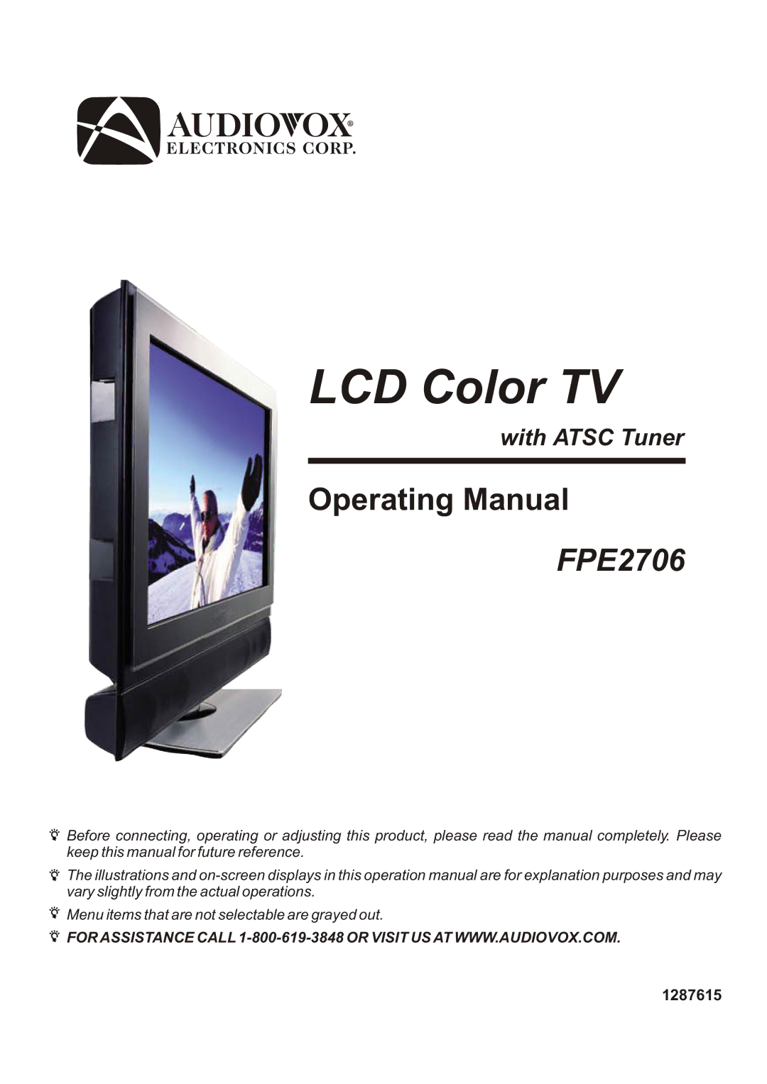 Audiovox FPE2706 operation manual LCD Color TV 