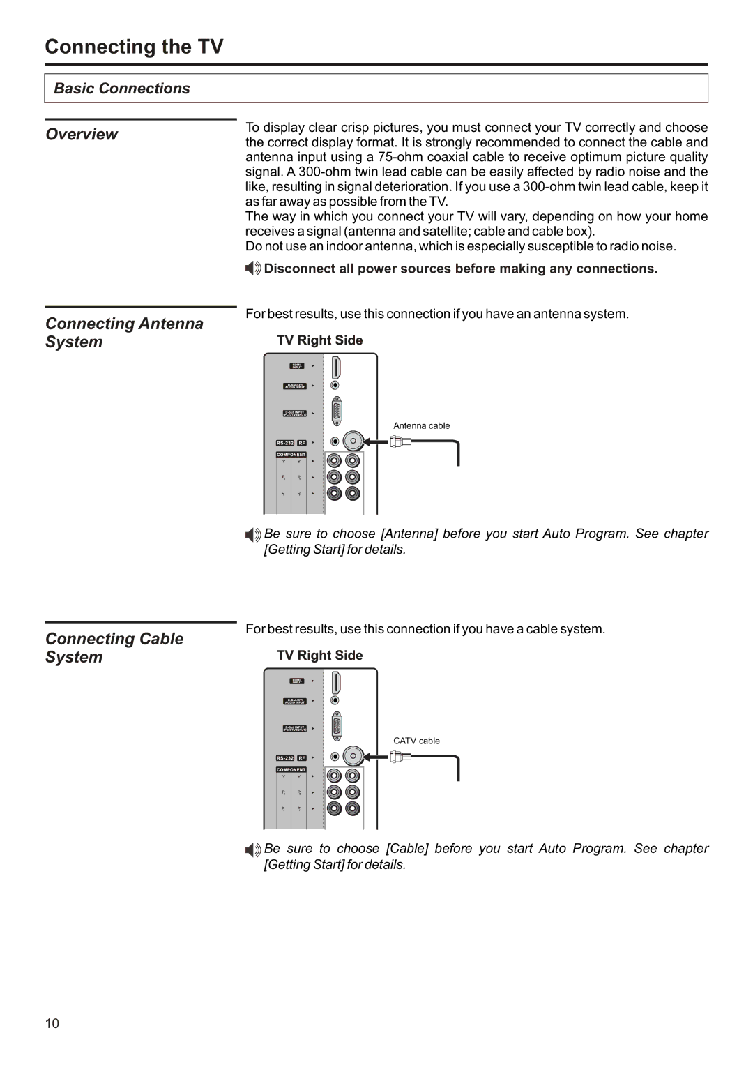 Audiovox FPE2706 operation manual Connecting the TV, Overview Connecting Antenna System, Connecting Cable System 