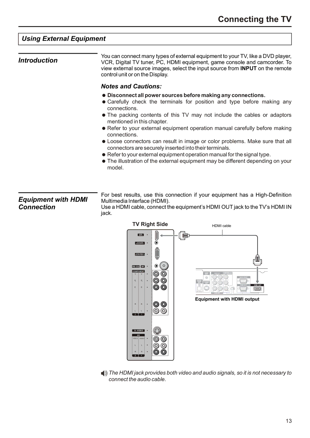 Audiovox FPE2706 operation manual Using External Equipment, Equipment with Hdmi Connection 