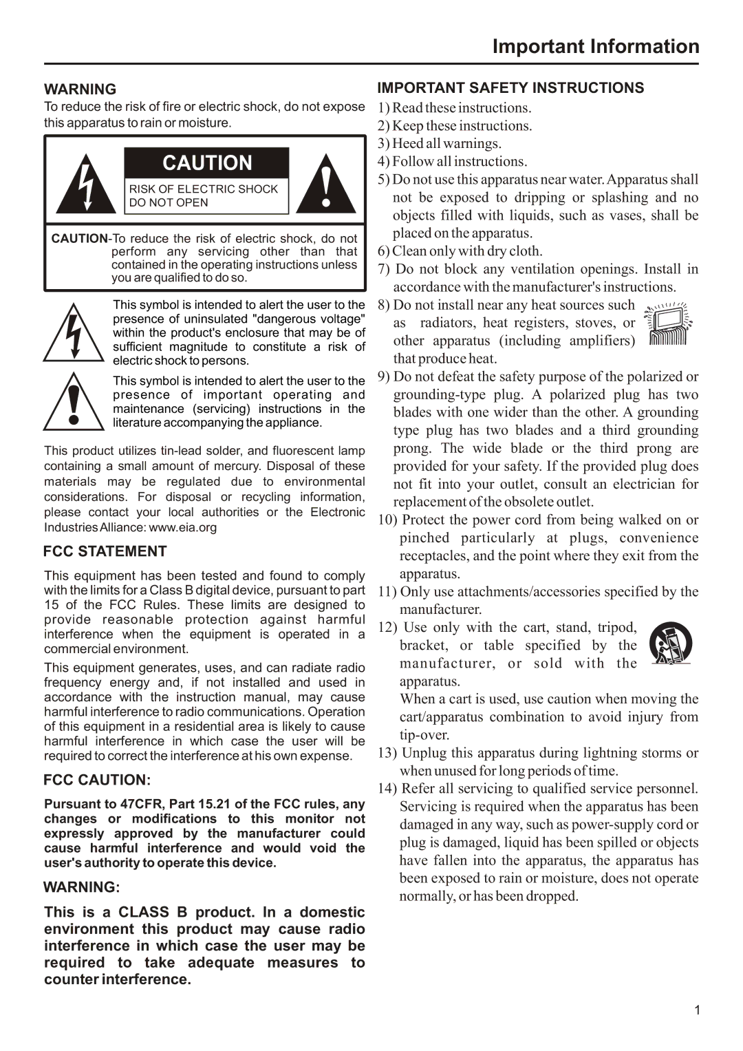 Audiovox FPE2706 operation manual Important Information, This apparatus to rain or moisture 