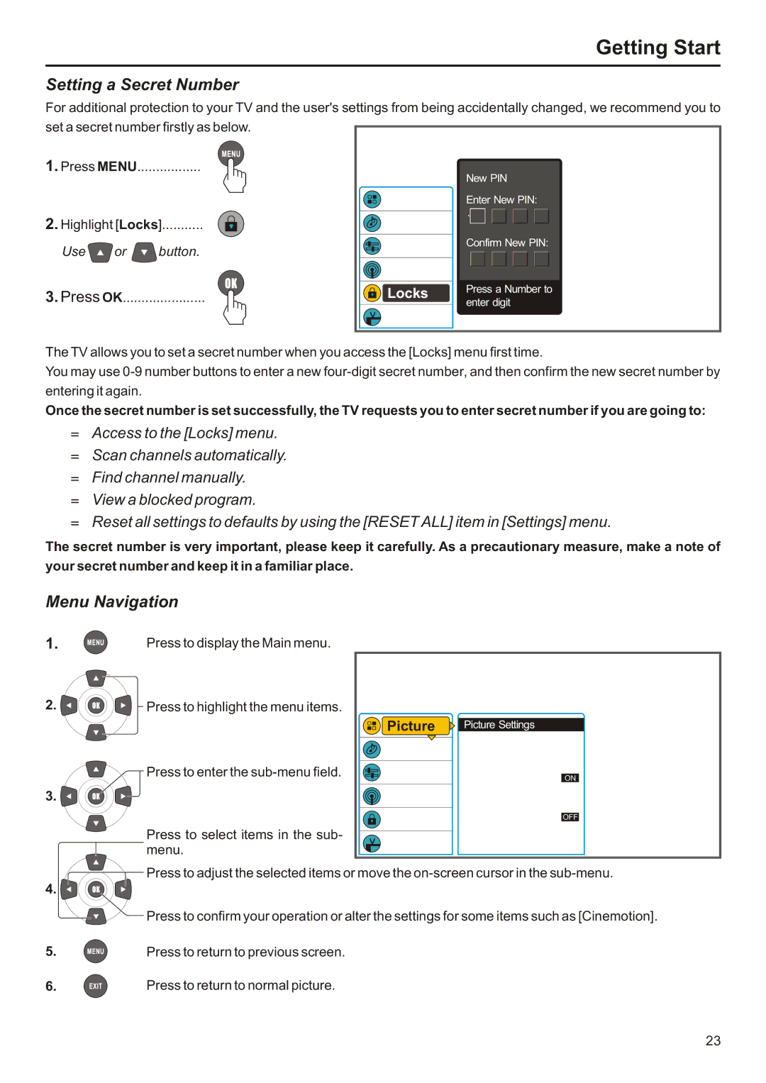 Audiovox FPE2706 operation manual Setting a Secret Number, Menu Navigation 