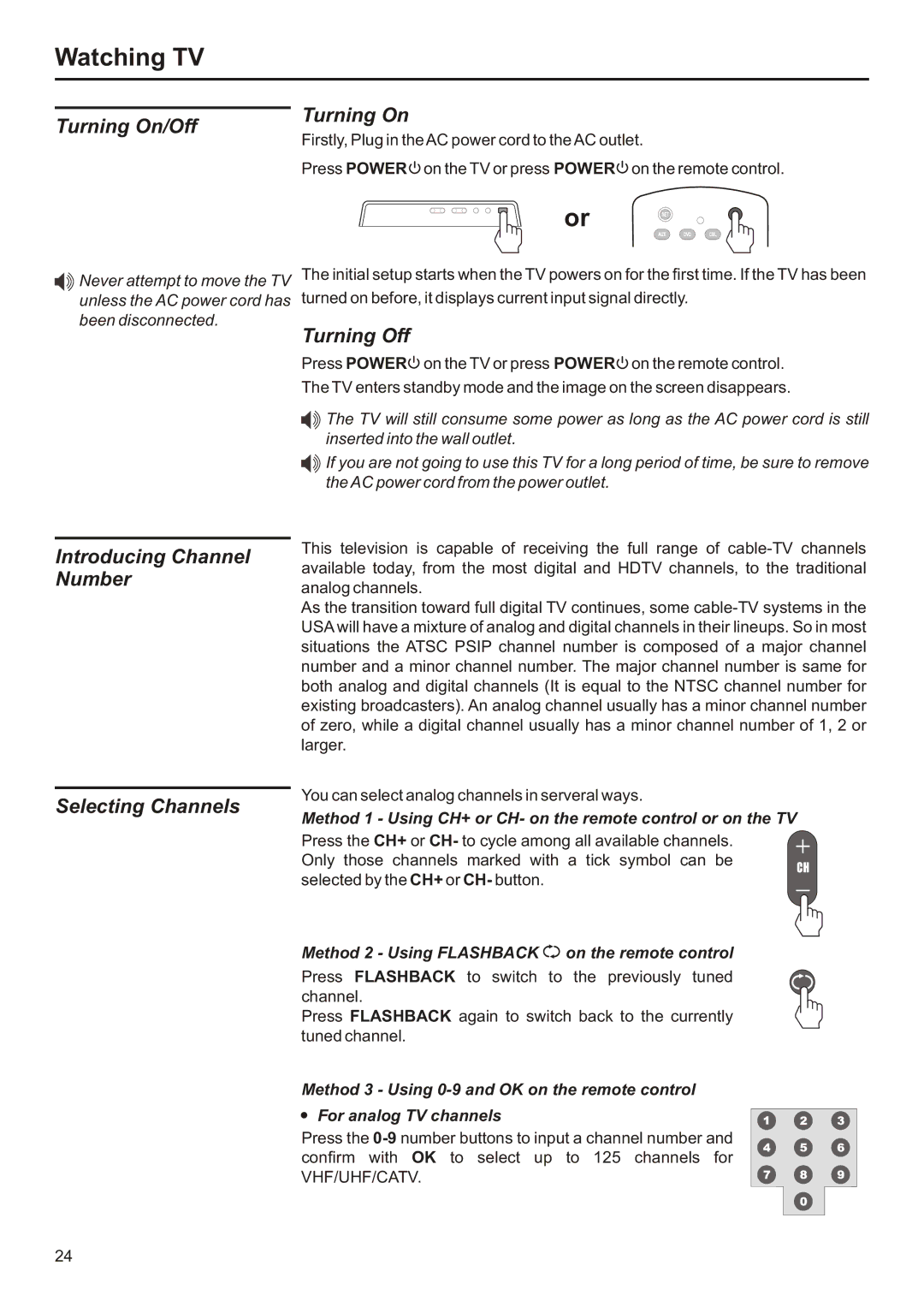 Audiovox FPE2706 operation manual Watching TV, Turning On/Off, Introducing Channel Number Selecting Channels, Turning Off 