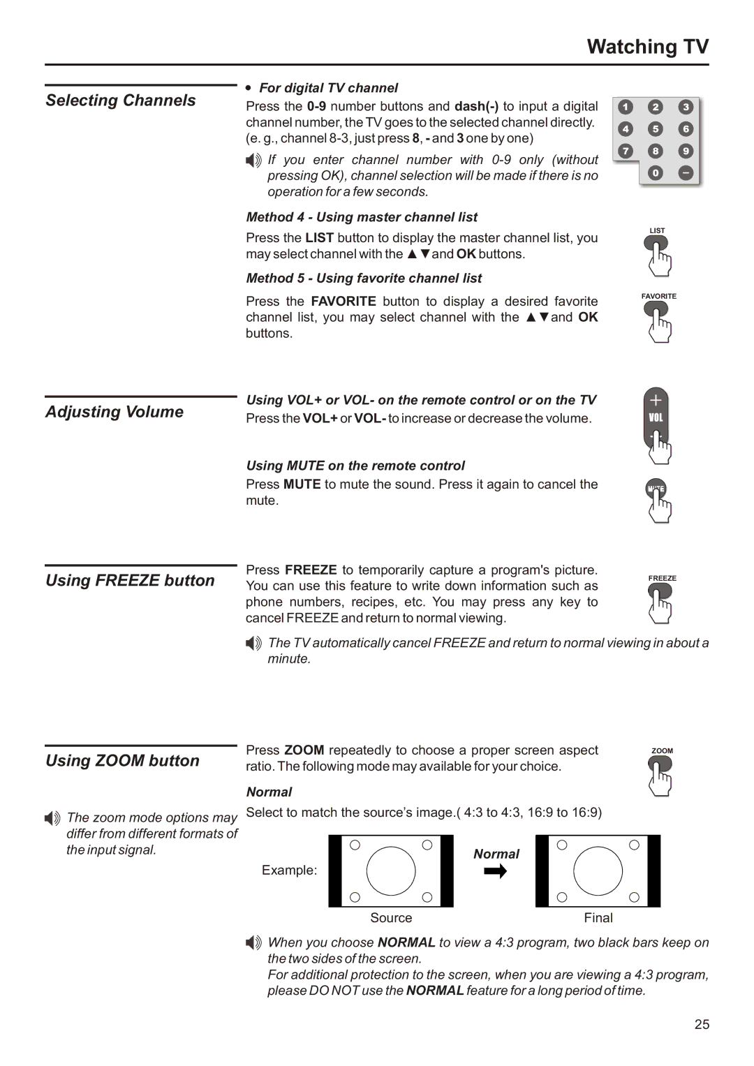 Audiovox FPE2706 operation manual Selecting Channels Adjusting Volume Using Freeze button, Using Zoom button 