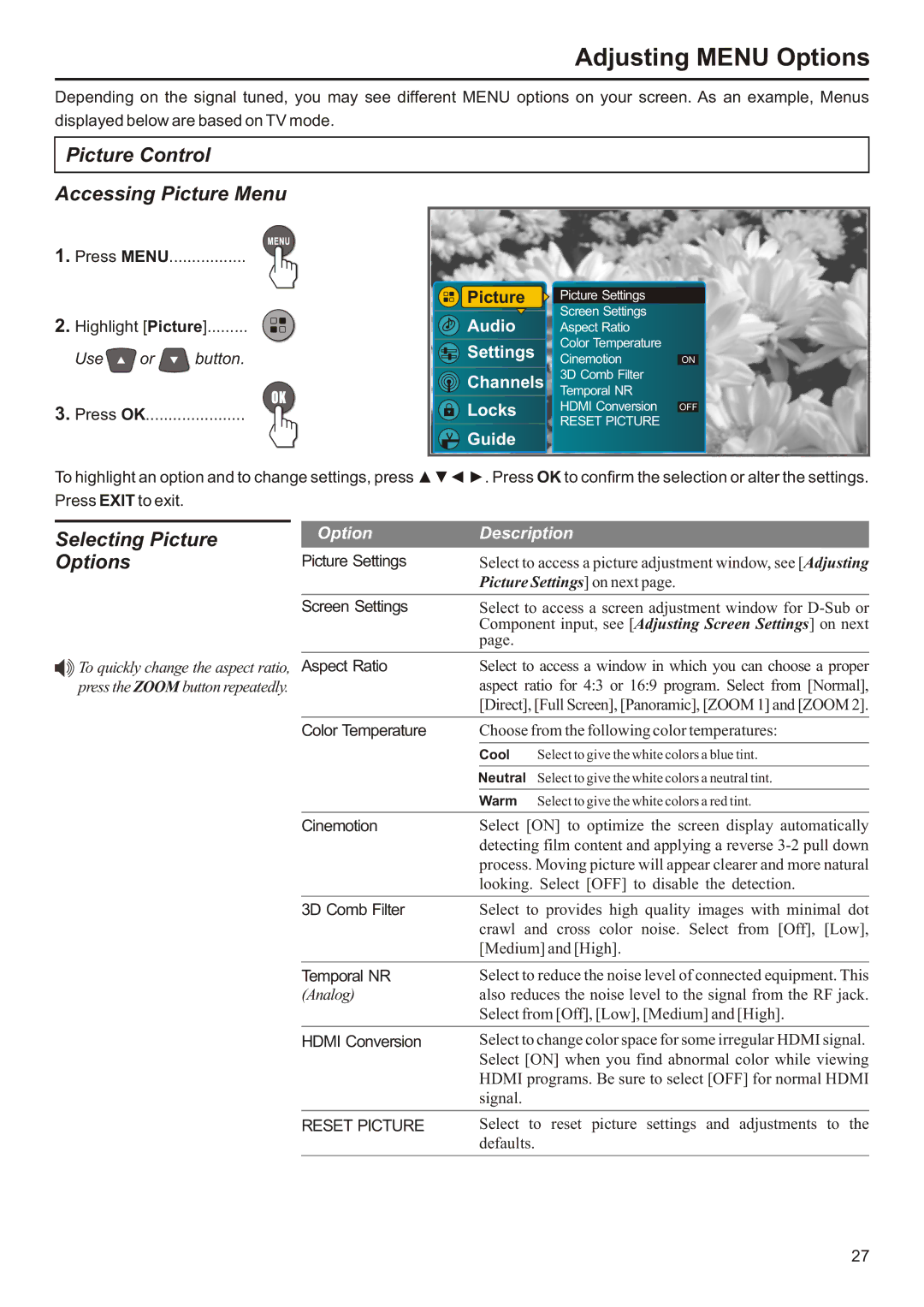 Audiovox FPE2706 Adjusting Menu Options, Picture Control Accessing Picture Menu, Selecting Picture, Option Description 