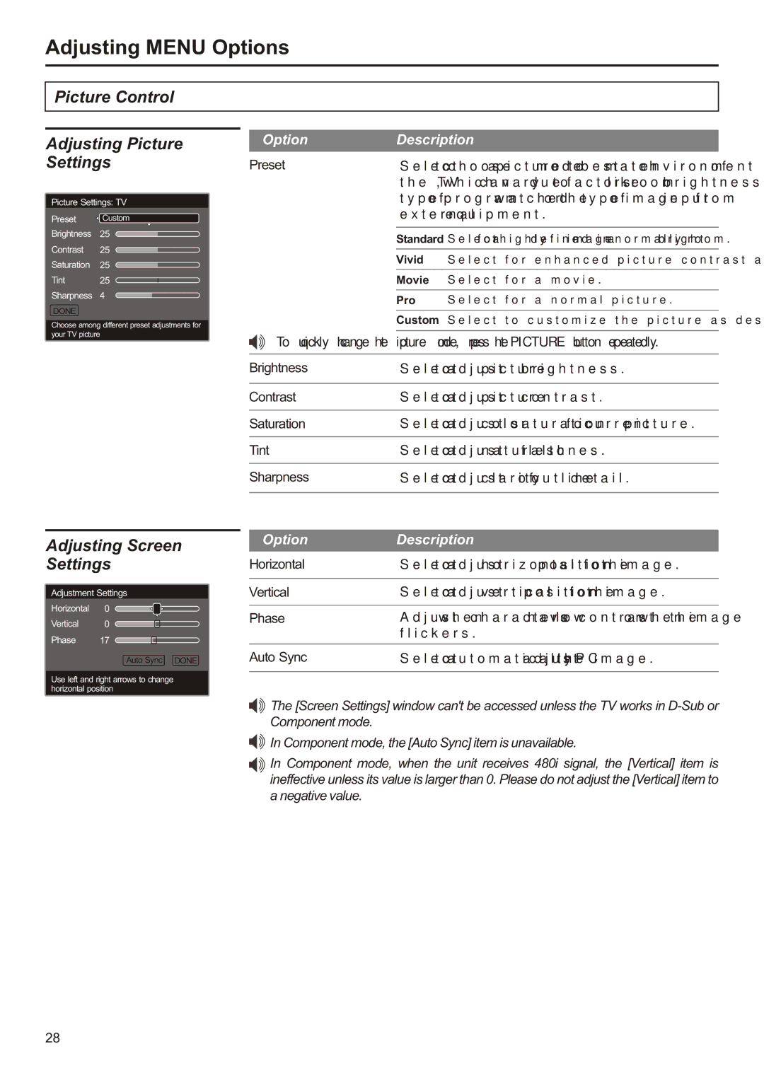 Audiovox FPE2706 operation manual Picture Control Adjusting Picture, Adjusting Screen Settings, Option 