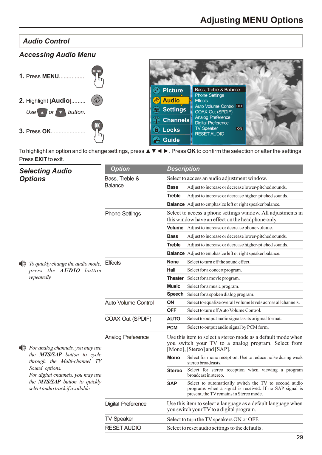 Audiovox FPE2706 operation manual Audio Control Accessing Audio Menu, Selecting Audio 